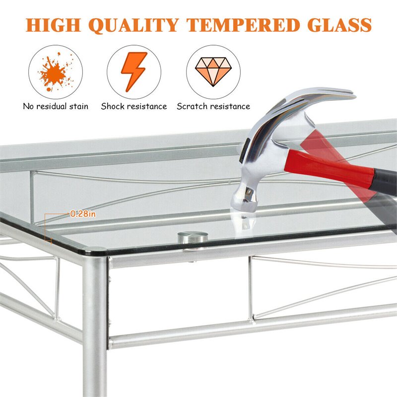 Pemberly Row 5-Pc Glass & Steel Dining Set with Table & 4 Chairs in Silver