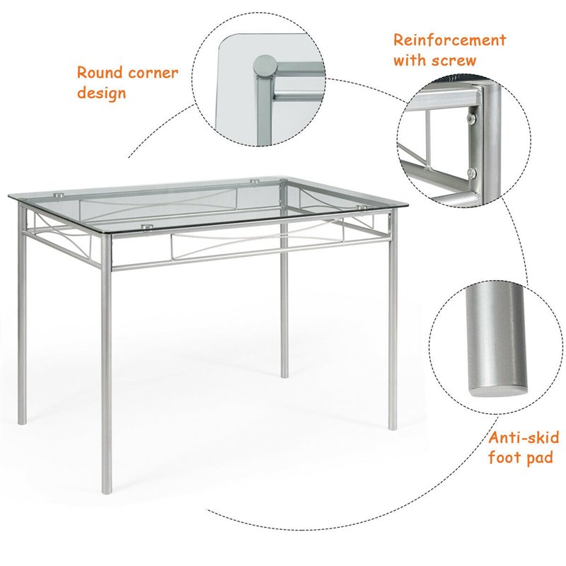 Pemberly Row 5-Pc Glass & Steel Dining Set with Table & 4 Chairs in Silver
