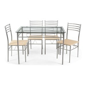 Pemberly Row 5-Pc Glass & Steel Dining Set with Table & 4 Chairs in Silver