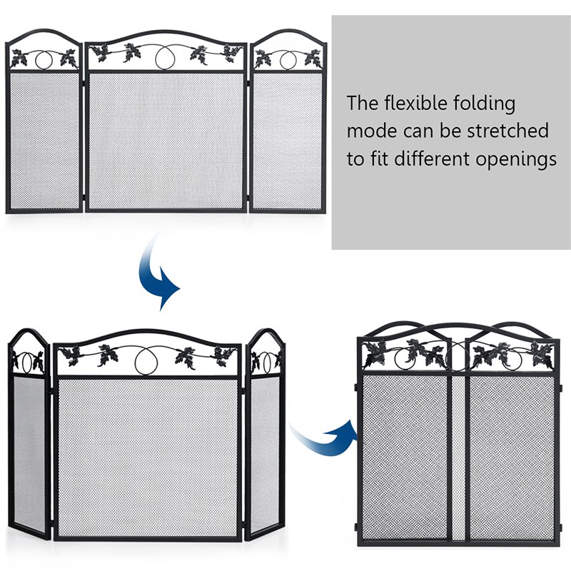 Pemberly Row 3-panel Contemporary Solid Steel Fireplace Screen in Black