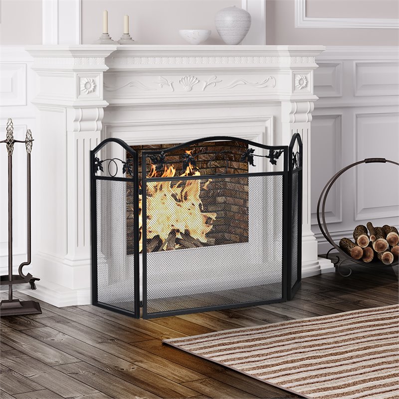 Pemberly Row 3-panel Contemporary Solid Steel Fireplace Screen in Black