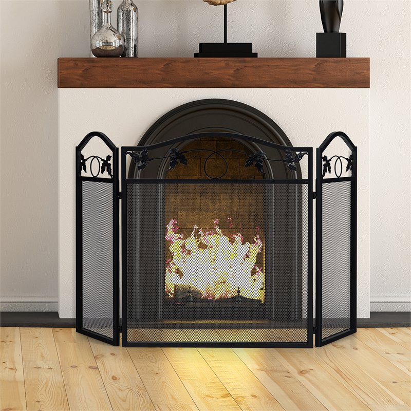 Pemberly Row 3-panel Contemporary Solid Steel Fireplace Screen in Black
