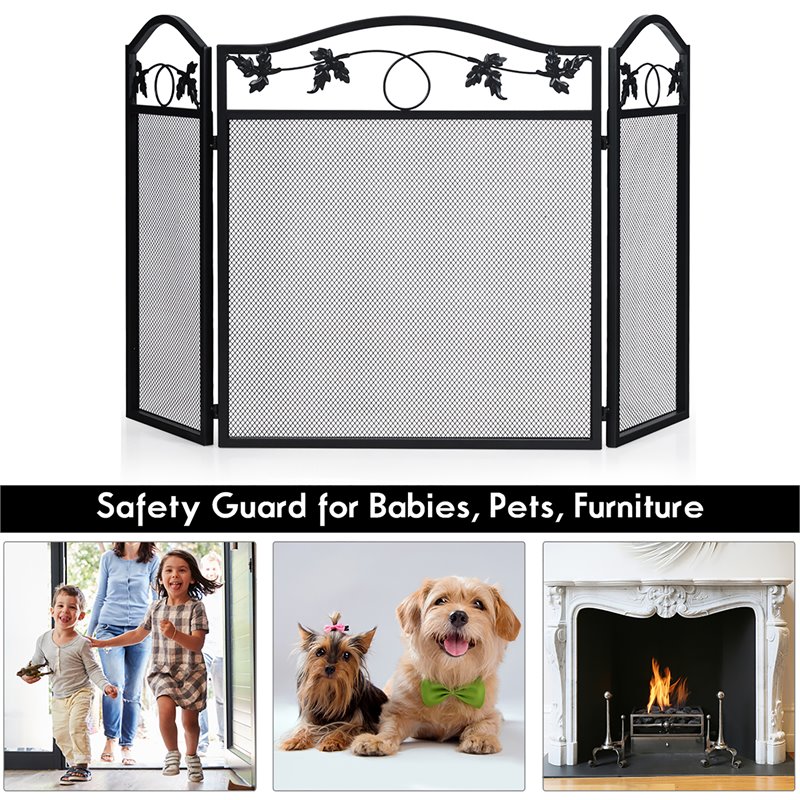 Pemberly Row 3-panel Contemporary Solid Steel Fireplace Screen in Black