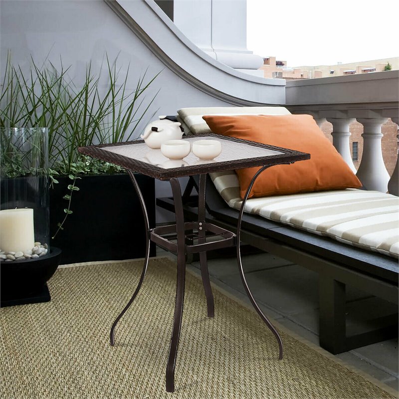 Pemberly Row Square Contemporary Steel and Rattan Outdoor Bar Tables in Brown