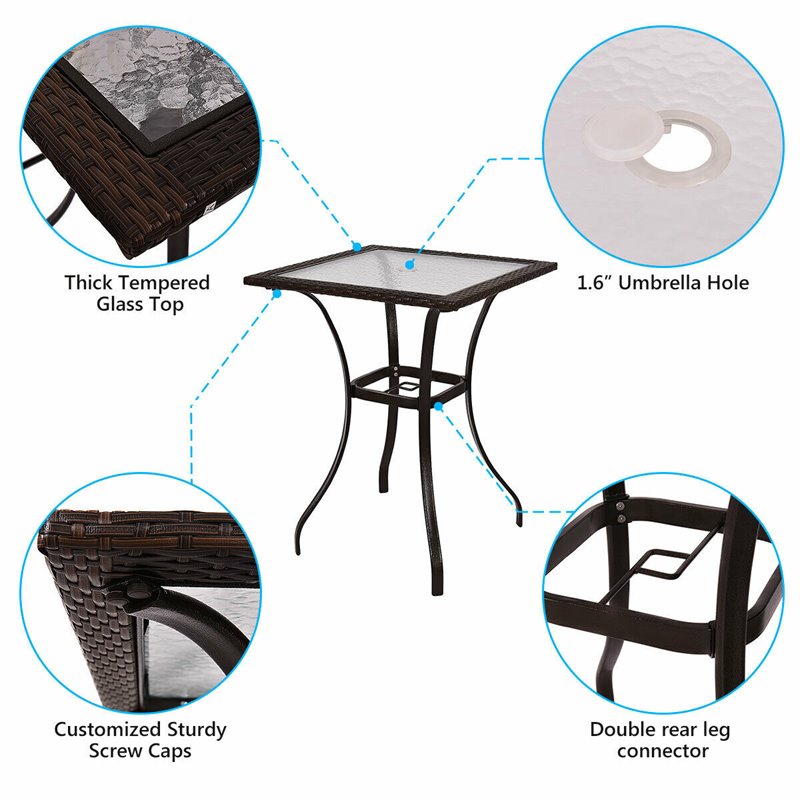Pemberly Row Square Contemporary Steel and Rattan Outdoor Bar Tables in Brown