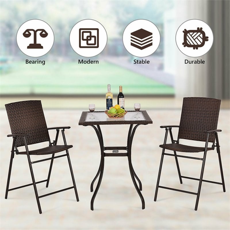 Pemberly Row Square Contemporary Steel and Rattan Outdoor Bar Tables in Brown