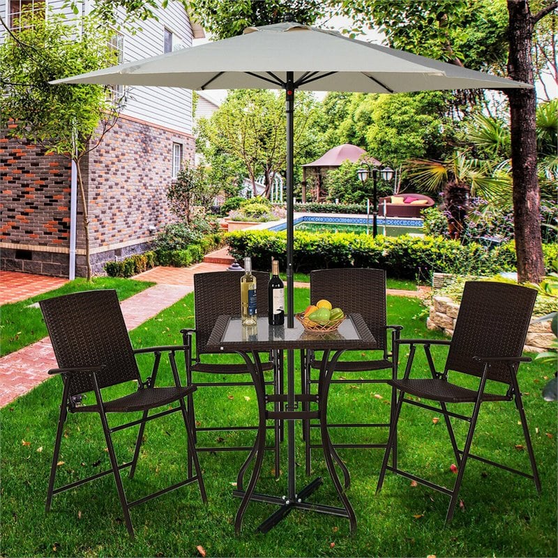 Pemberly Row Square Contemporary Steel and Rattan Outdoor Bar Tables in Brown