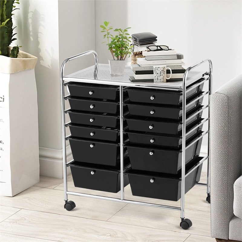 Pemberly Row 12-drawer Iron and Plastic Rolling Cart Storage in Black