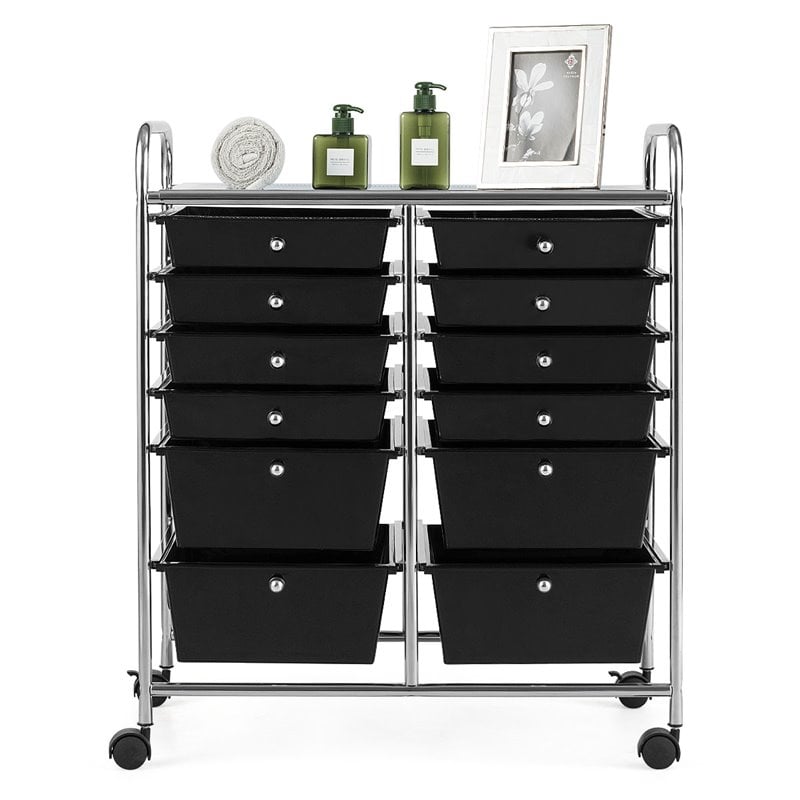 Pemberly Row 12-drawer Iron and Plastic Rolling Cart Storage in Black