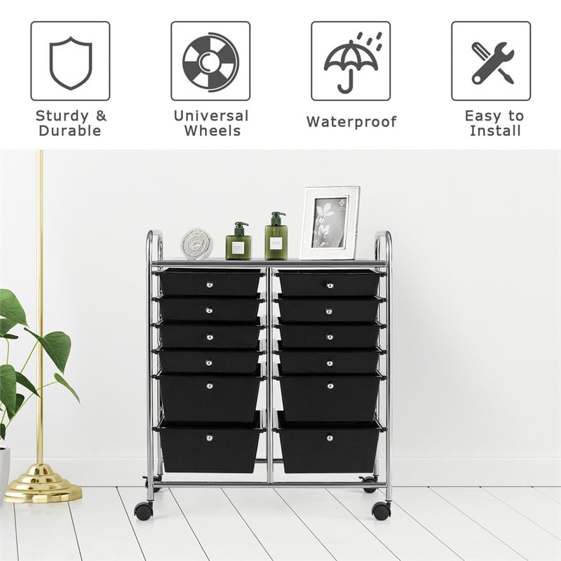 Pemberly Row 12-drawer Iron and Plastic Rolling Cart Storage in Black