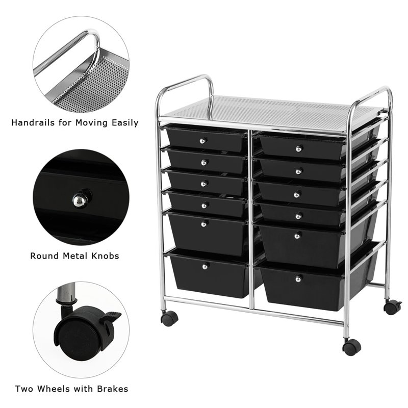 Pemberly Row 12-drawer Iron and Plastic Rolling Cart Storage in Black