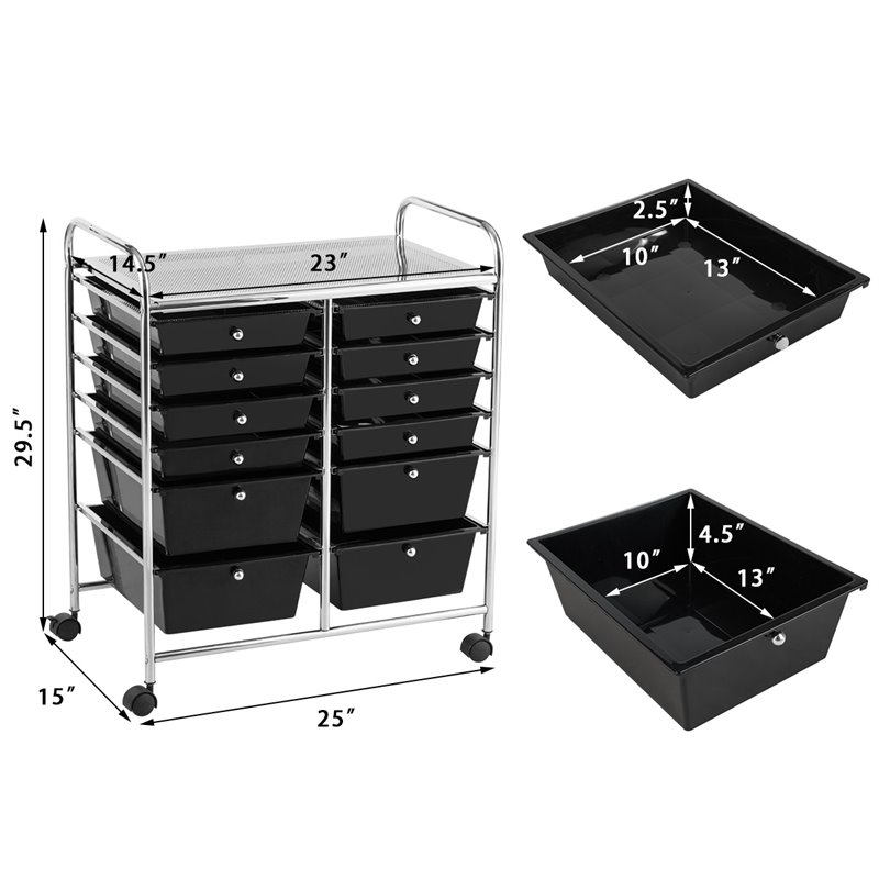 Pemberly Row 12-drawer Iron and Plastic Rolling Cart Storage in Black