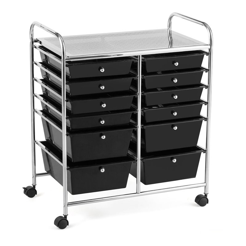 Pemberly Row 12-drawer Iron and Plastic Rolling Cart Storage in Black
