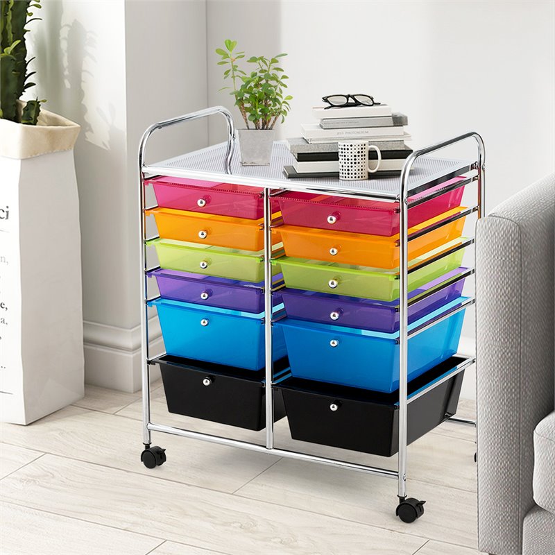 Pemberly Row 12-drawer Iron and Plastic Rolling Cart Storage in Multi-Color