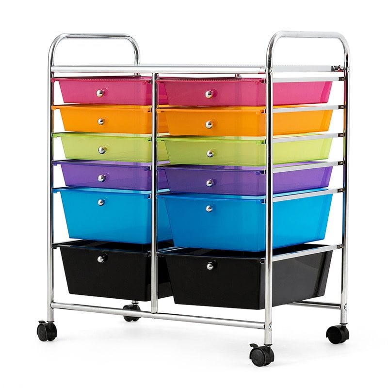 Pemberly Row 12-drawer Iron and Plastic Rolling Cart Storage in Multi-Color