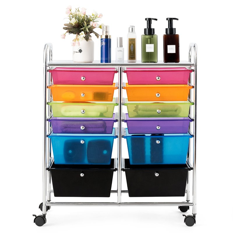 Pemberly Row 12-drawer Iron and Plastic Rolling Cart Storage in Multi-Color