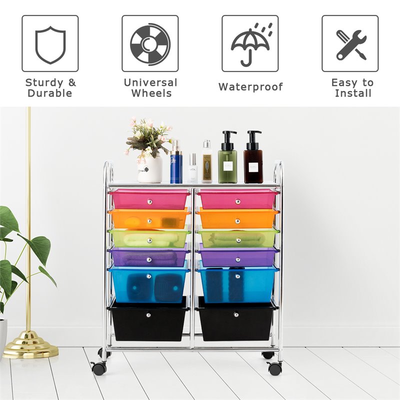 Pemberly Row 12-drawer Iron and Plastic Rolling Cart Storage in Multi-Color