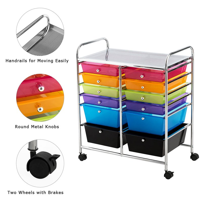 Pemberly Row 12-drawer Iron and Plastic Rolling Cart Storage in Multi-Color