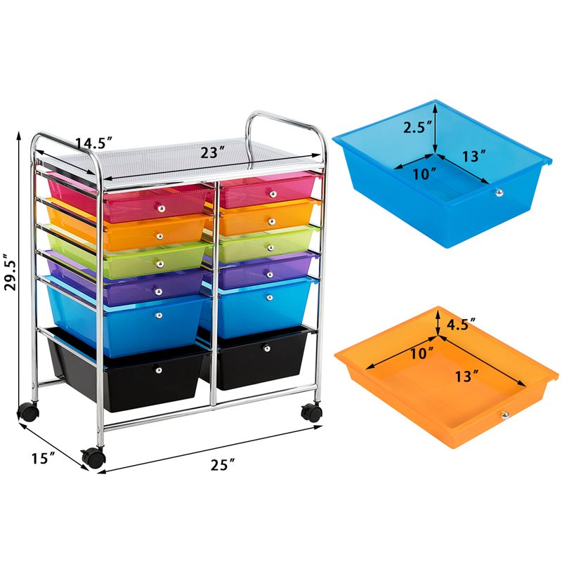 Pemberly Row 12-drawer Iron and Plastic Rolling Cart Storage in Multi-Color