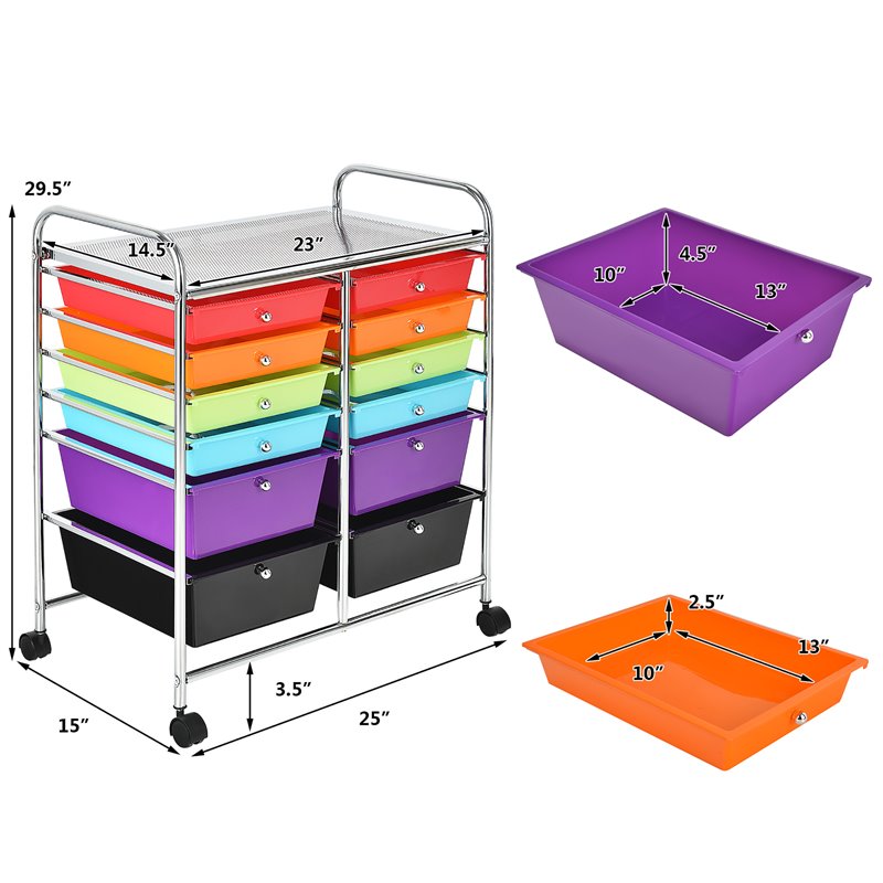 Pemberly Row 12-drawer Iron & Plastic Rolling Cart Storage in Multi-Color Finish