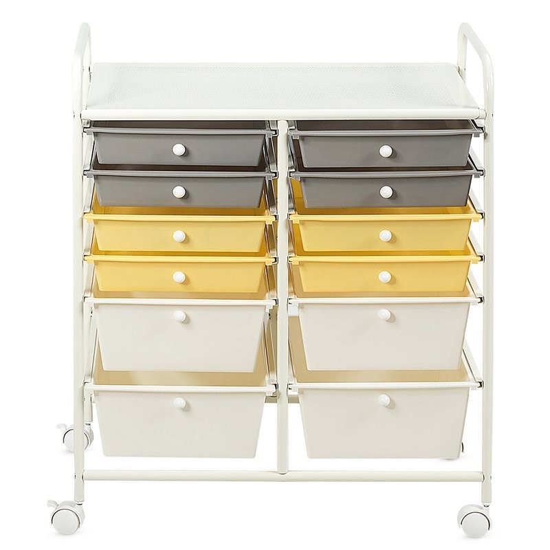 Pemberly Row 12-drawer Steel & Plastic Rolling Storage Cart in White/Yellow/Gray