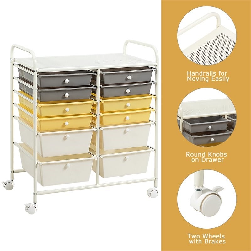 Pemberly Row 12-drawer Steel & Plastic Rolling Storage Cart in White/Yellow/Gray