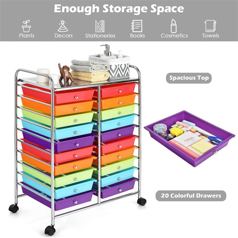 Pemberly Row 20-drawer Steel and Plastic Rolling Storage Cart in Multi-Color