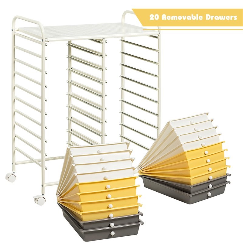 Pemberly Row 20-drawer Steel & Plastic Rolling Storage Cart in White/Yellow/Gray