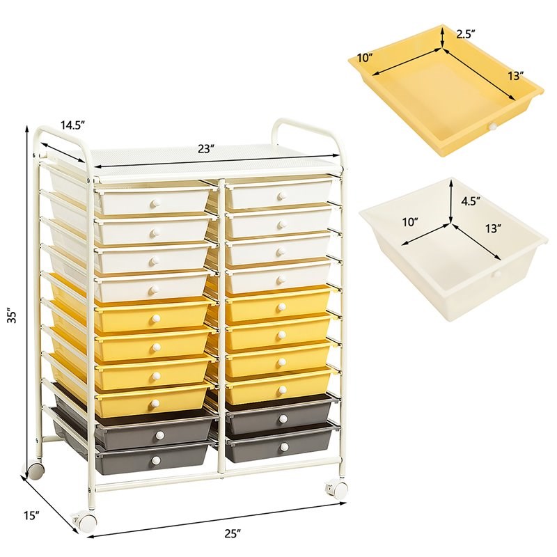 Pemberly Row 20-drawer Steel & Plastic Rolling Storage Cart in White/Yellow/Gray