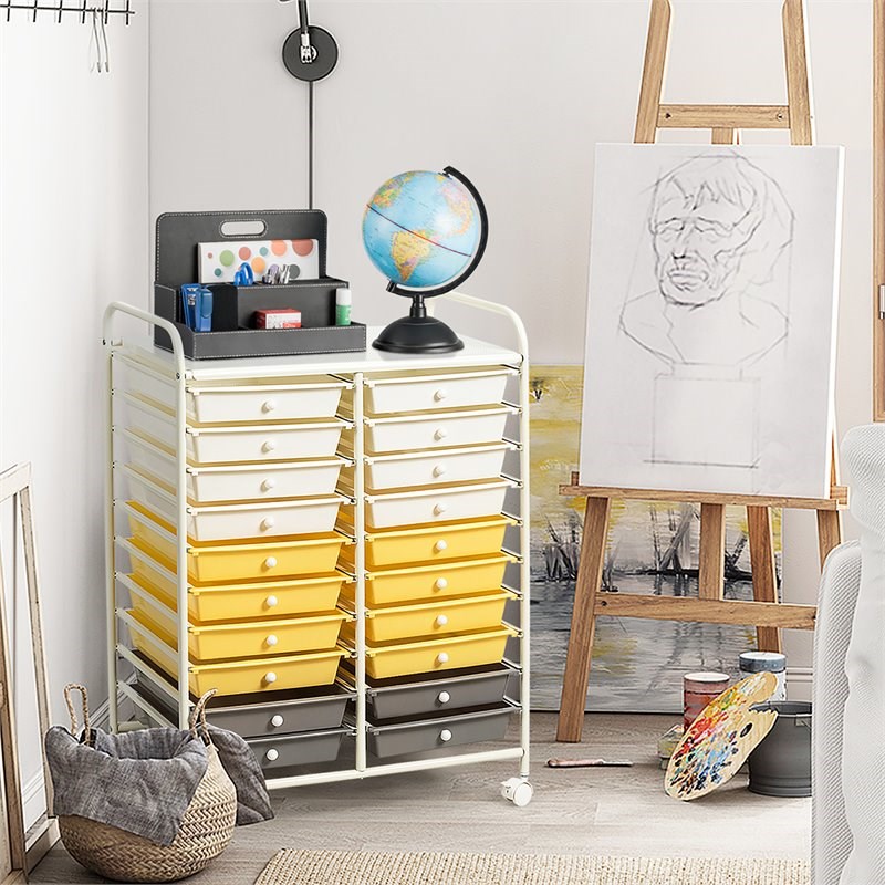 Pemberly Row 20-drawer Steel & Plastic Rolling Storage Cart in White/Yellow/Gray