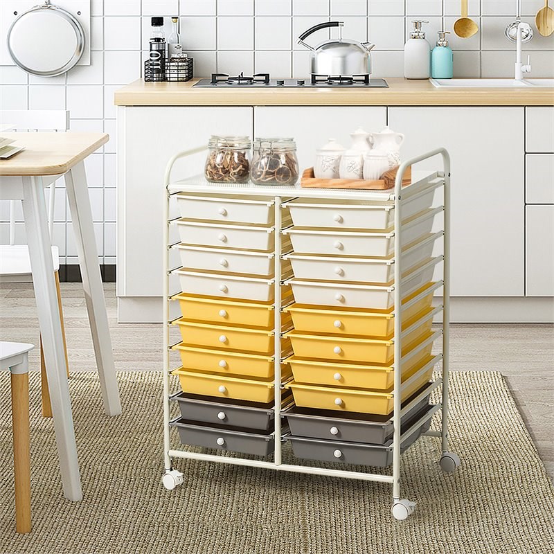 Pemberly Row 20-drawer Steel & Plastic Rolling Storage Cart in White/Yellow/Gray
