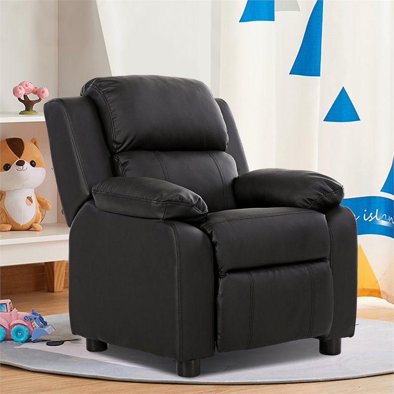 Pemberly Row Polyurethane Kids Sofa Armchair Recliner with Storage Arm in Black