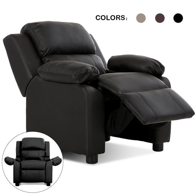 Pemberly Row Polyurethane Kids Sofa Armchair Recliner with Storage Arm in Black