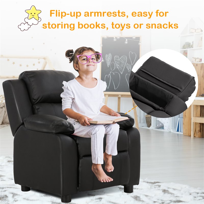Pemberly Row Polyurethane Kids Sofa Armchair Recliner with Storage Arm in Black