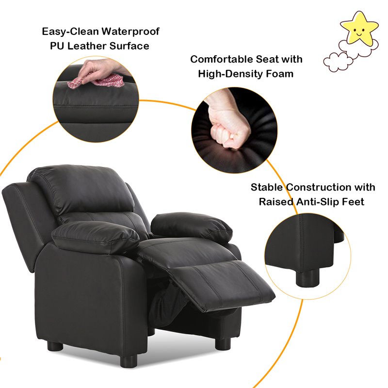 Pemberly Row Polyurethane Kids Sofa Armchair Recliner with Storage Arm in Black