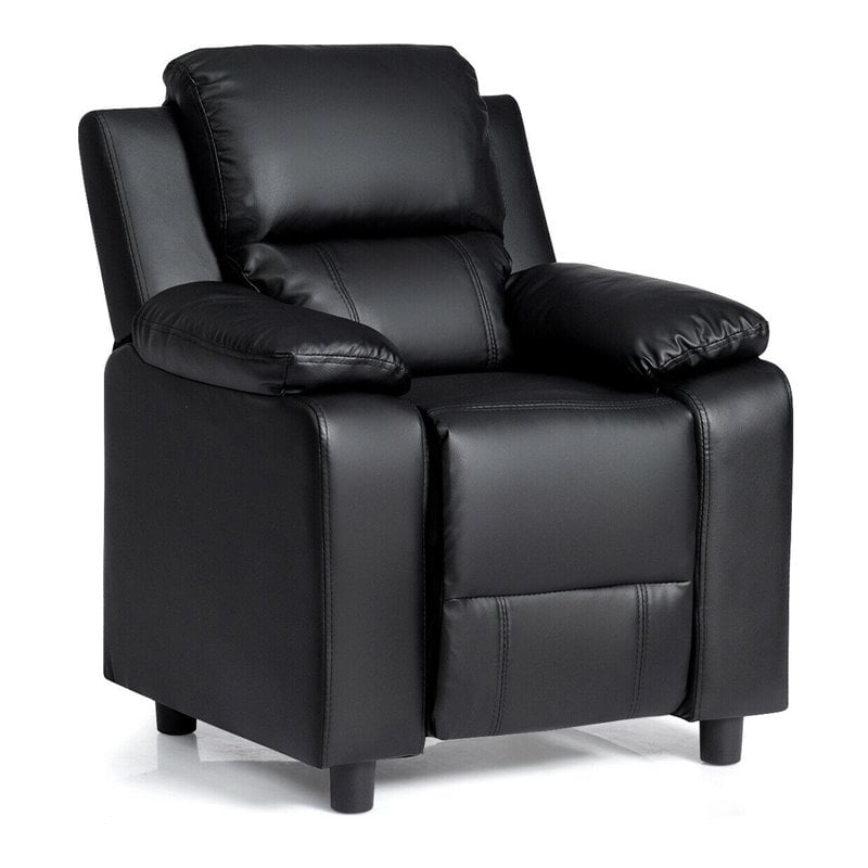 Pemberly Row Polyurethane Kids Sofa Armchair Recliner with Storage Arm in Black