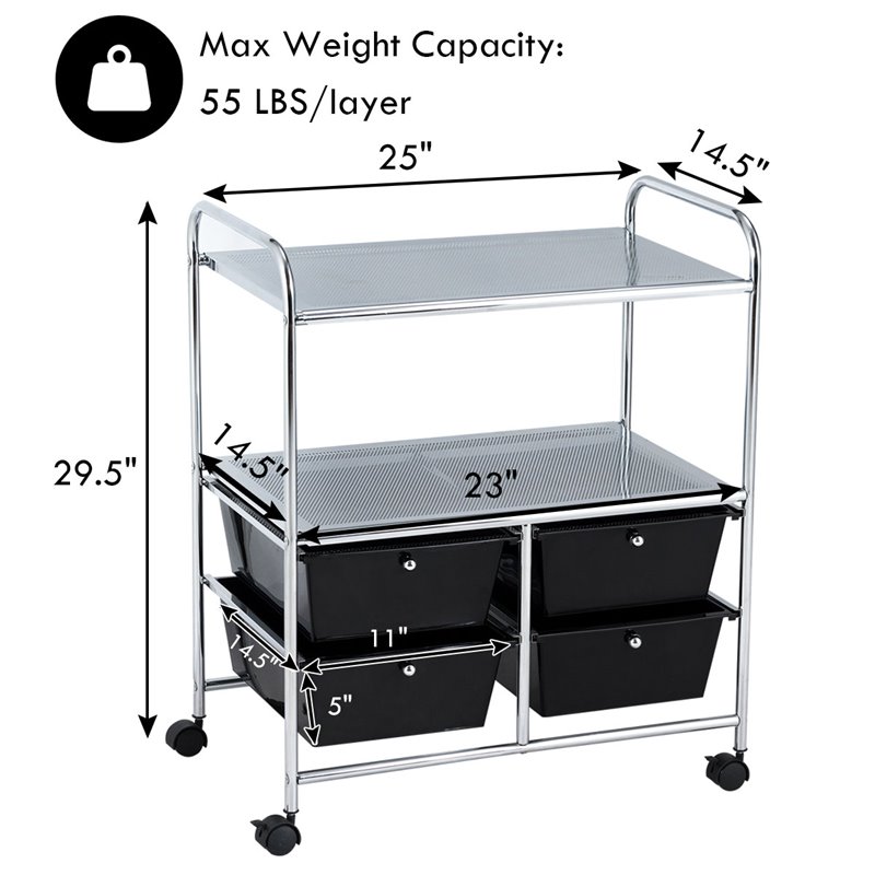 Pemberly Row 4-drawer PP and Steel Rolling Storage Cart in Black/Silver