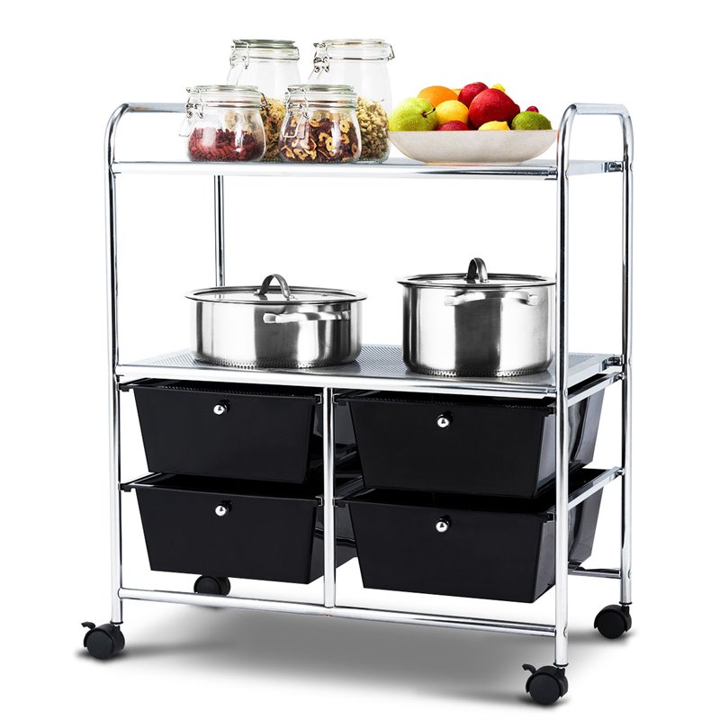 Pemberly Row 4-drawer PP and Steel Rolling Storage Cart in Black/Silver