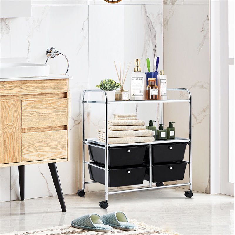 Pemberly Row 4-drawer PP and Steel Rolling Storage Cart in Black/Silver