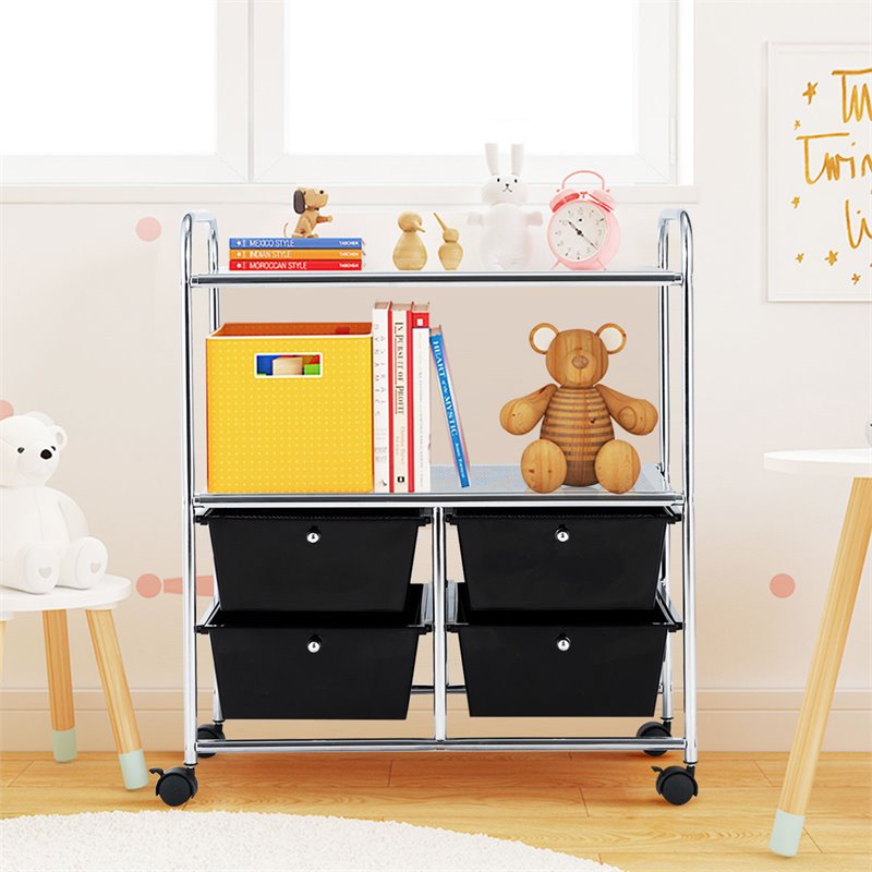 Pemberly Row 4-drawer PP and Steel Rolling Storage Cart in Black/Silver