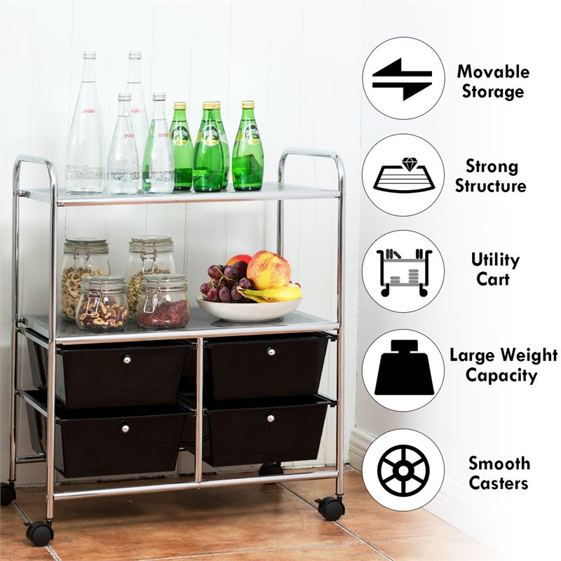 Pemberly Row 4-drawer PP and Steel Rolling Storage Cart in Black/Silver