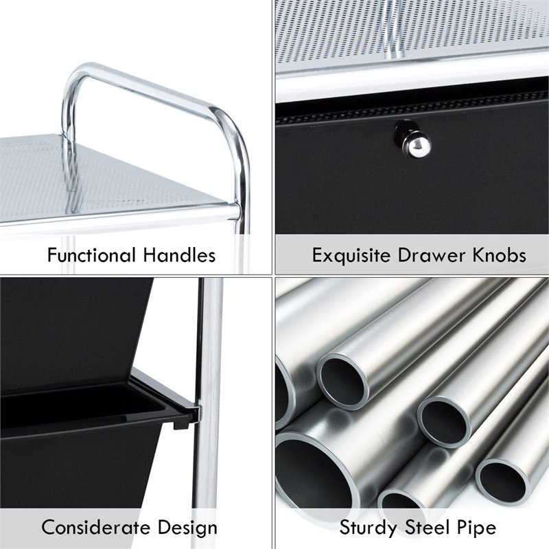 Pemberly Row 4-drawer PP and Steel Rolling Storage Cart in Black/Silver