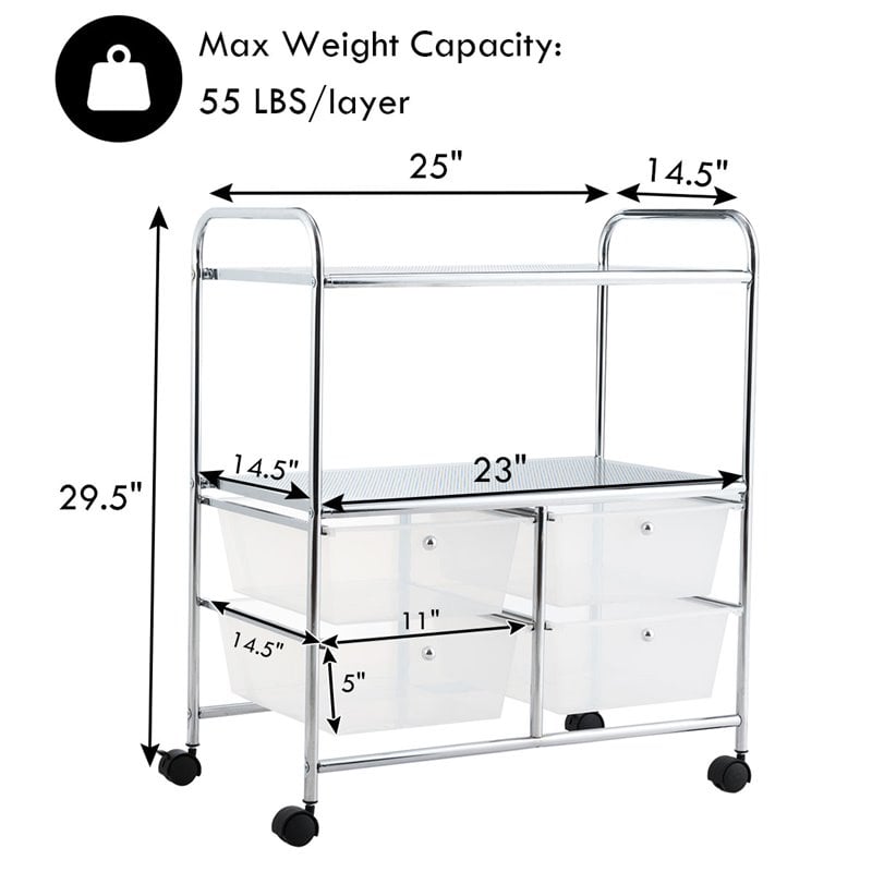 Pemberly Row 4-drawer PP and Steel Rolling Storage Cart in White/Black