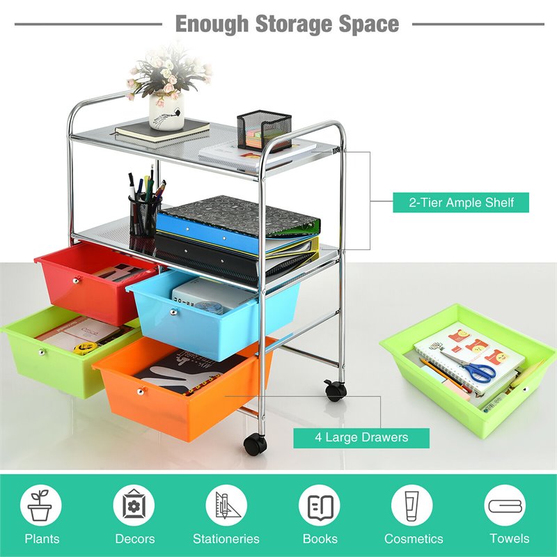 Pemberly Row 4-drawer PP and Steel Rolling Storage Cart in Multi-Color