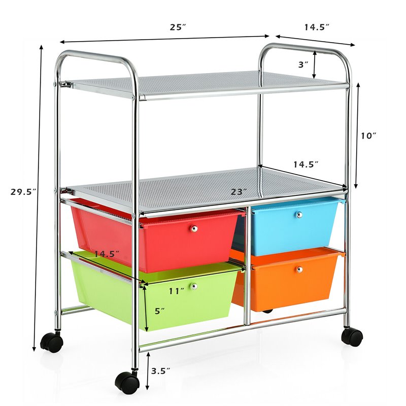 Pemberly Row 4-drawer PP and Steel Rolling Storage Cart in Multi-Color