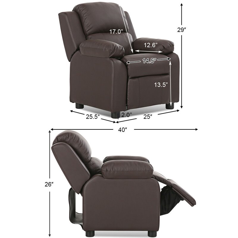 Pemberly Row Polyurethane Kids Sofa Armchair Recliner with Storage Arm in Brown