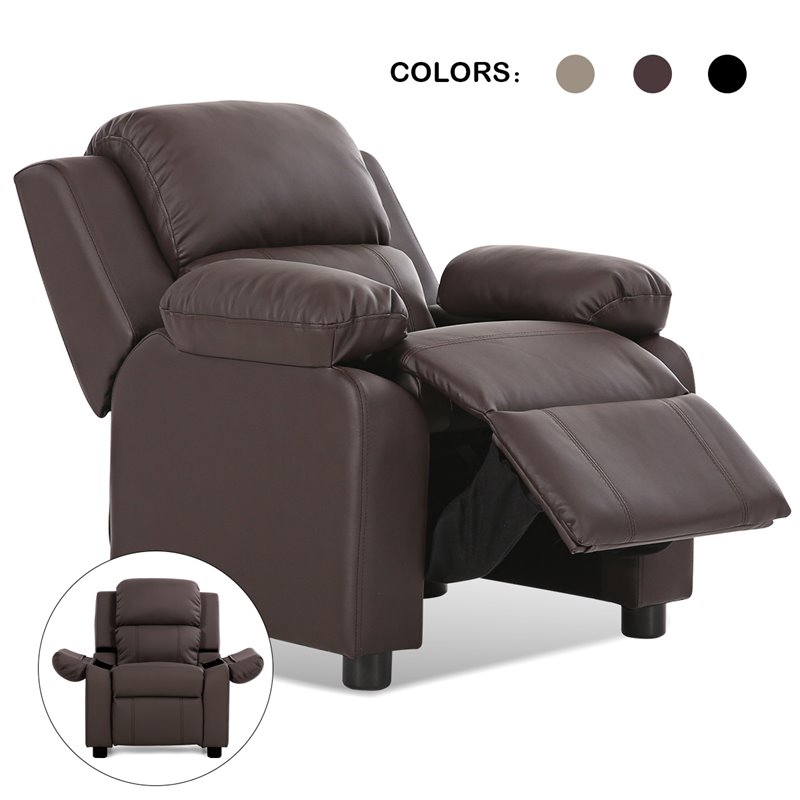 Pemberly Row Polyurethane Kids Sofa Armchair Recliner with Storage Arm in Brown