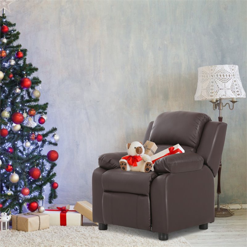 Pemberly Row Polyurethane Kids Sofa Armchair Recliner with Storage Arm in Brown