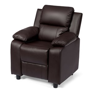 Pemberly Row Polyurethane Kids Sofa Armchair Recliner with Storage Arm in Brown
