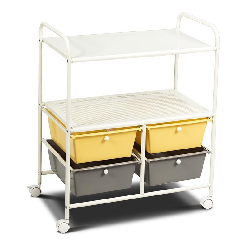 Pemberly Row 4-drawer Steel Rolling Storage Cart with 2 Shelves in Yellow & Gray